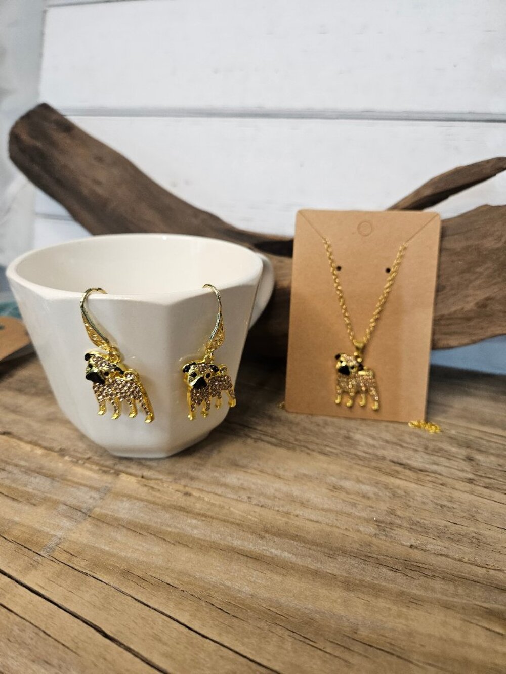 Fashion Rhinestone Pug Charm Necklace and Earring Set